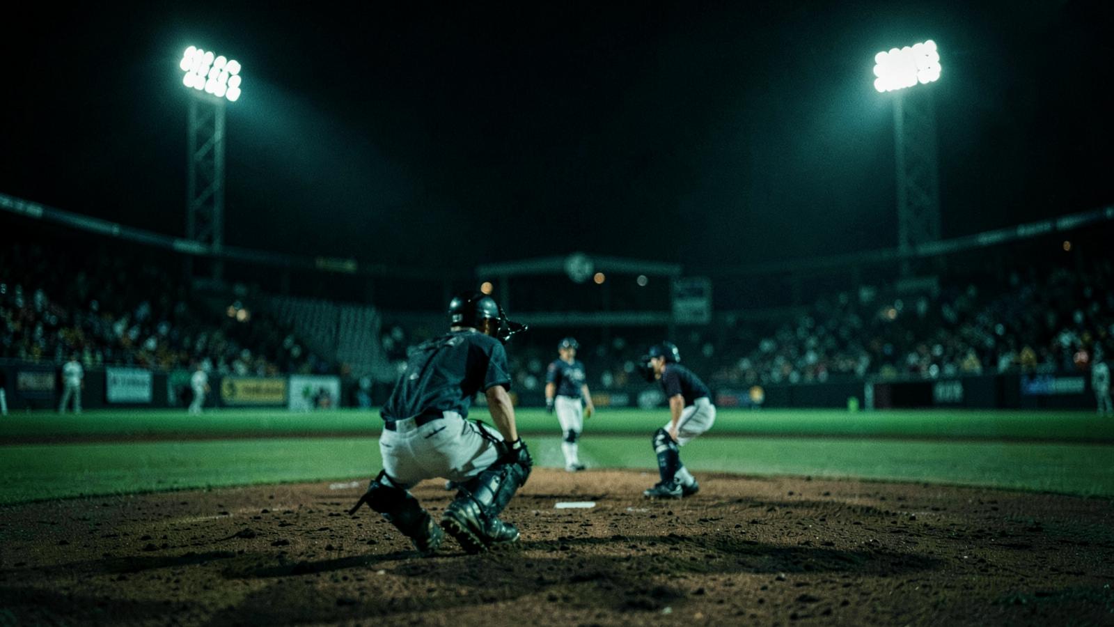 Catcher ready behind home plate at a night game